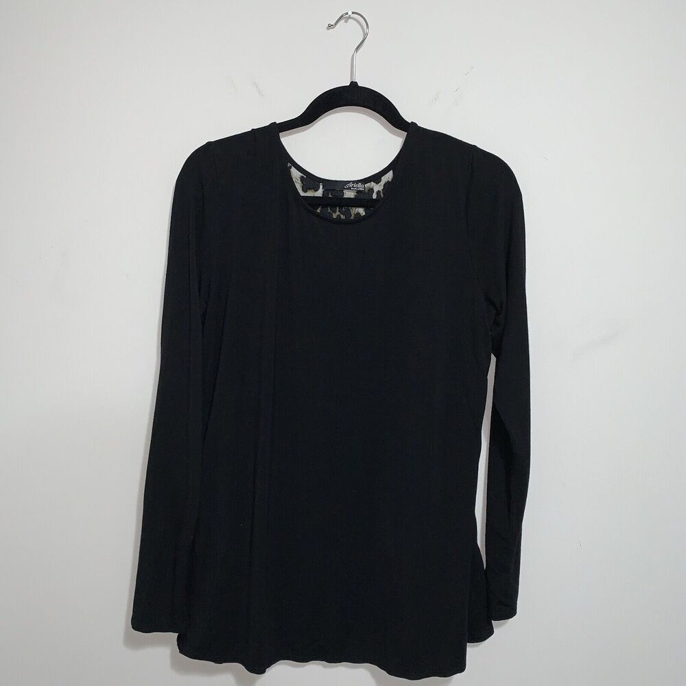 Anthropologie Ariella Black Leopard Open Back Zipper Shirt Top M Cheetah Layered